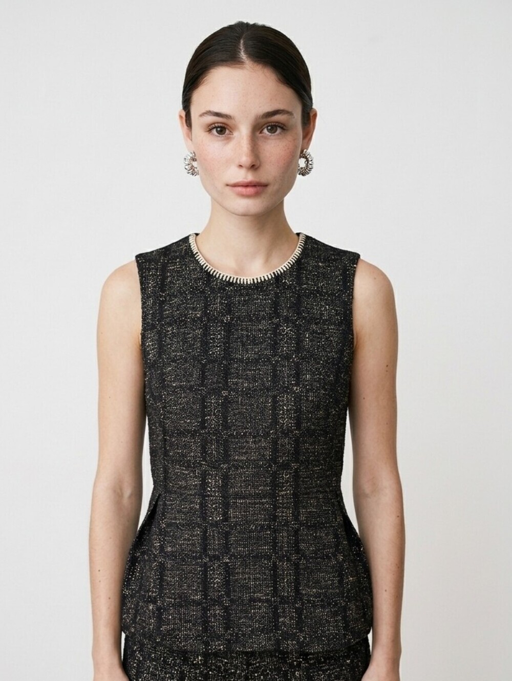 Derek Lam black and white plaid Cotton tweed sleeveless peplum top US 4
